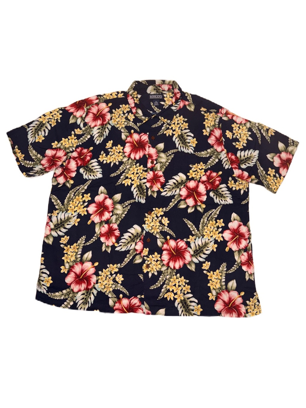 Land’s End Hawaiian Shirt XXL Tropical Navy Floral Shirt Red Hibiscus